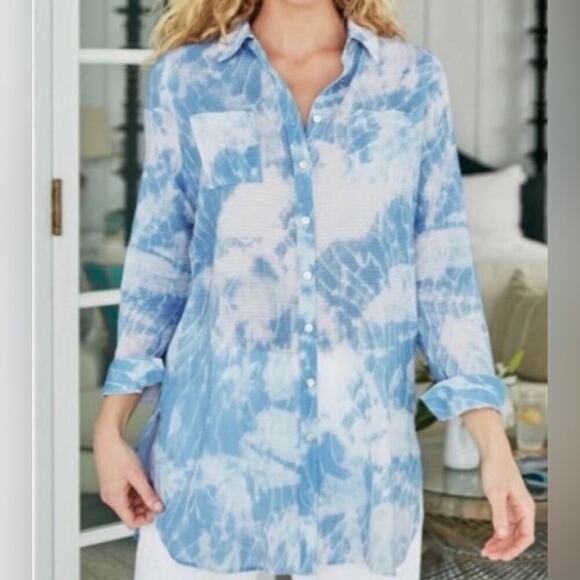 Soft Surroundings Tops - SOFT SURROUNDINGS Blue/White Tie Dye Seika Button Collared Blouse Sz XSmall EUC